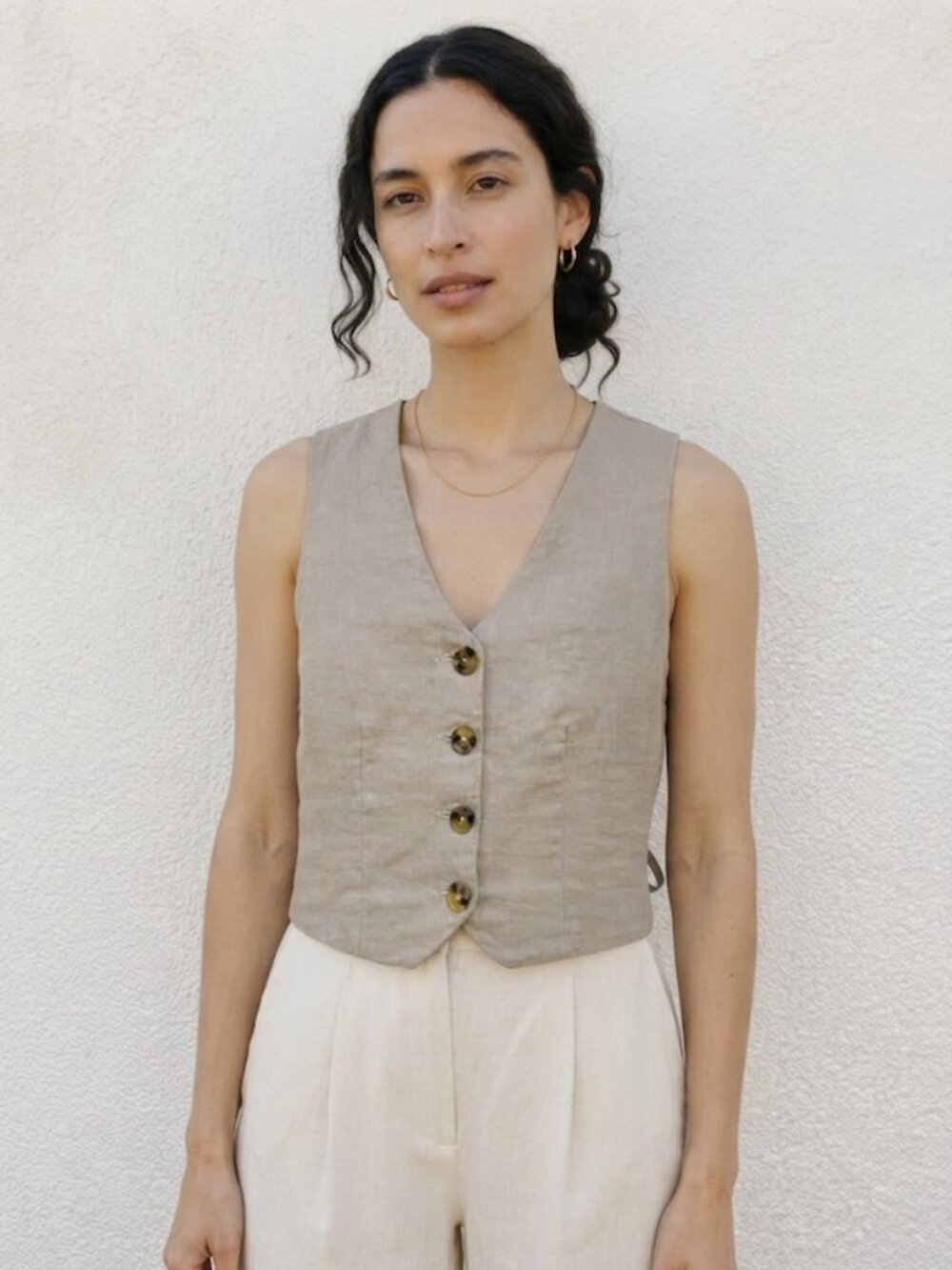 Love Tree Linen Blend Vest Crop Tie Back Neutral Beige Large